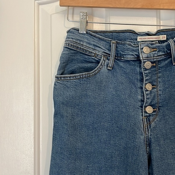 Levi's | Mile High Wide Leg Exposed Button Crop Blue Denim Jean 29/8‎ 90s Y2K - Picture 7 of 14
